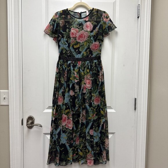 Mac Duggal Size 6 Black Floral 9149 Illusion Cap Sleeve Midi Cocktail Dress New - Picture 4 of 11